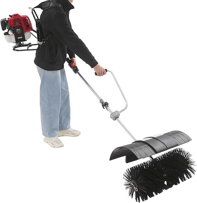 52CC 2 Stroke Gas Powered Backpack Broom Sweeper, 2.3HP 1700W Portable Handheld Gasoline Engine Snow Sweeping Broom Cleaner Tools with Goggles,for Cleaning Driveway Turf Lawns Artificial Grass