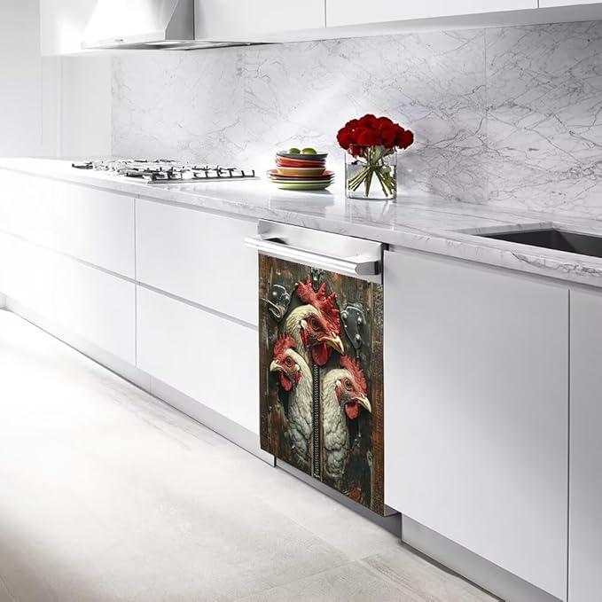 Wood Board and Rooster Painting Dishwasher Magnet Cover,Fridge,Refrigerator Magnetic Panel Decals,Home Appliances Cabinet Magnets Sticker 23W x 17H inchs