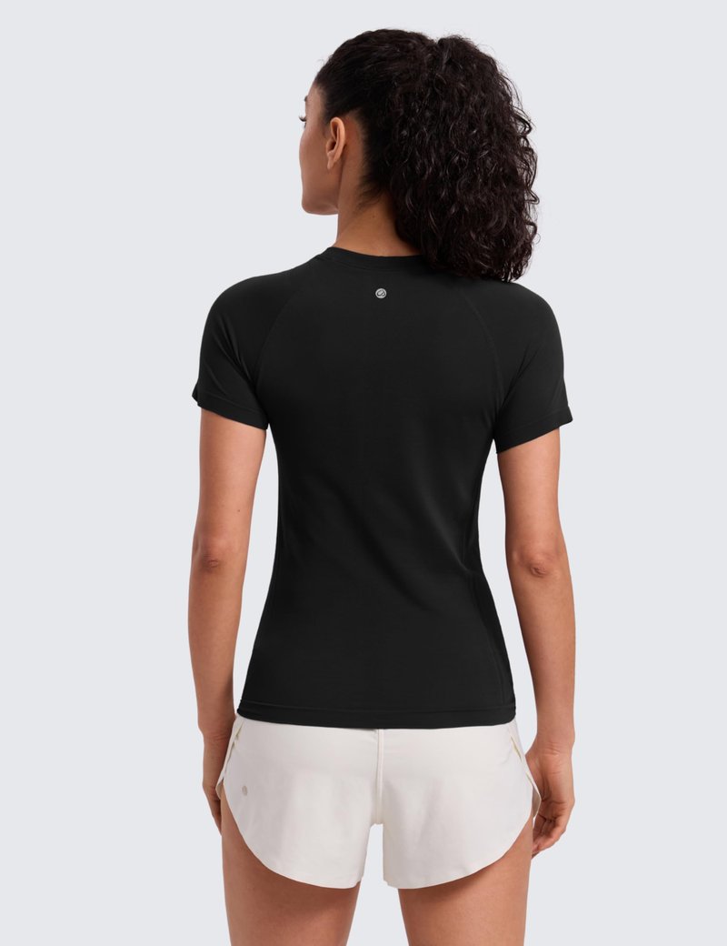 CRZ YOGA Seamless Workout Tops for Women Hip Length - Athletic Running Gym Yoga Short Sleeve Shirts Breathable Crewneck Tees Black X-Small