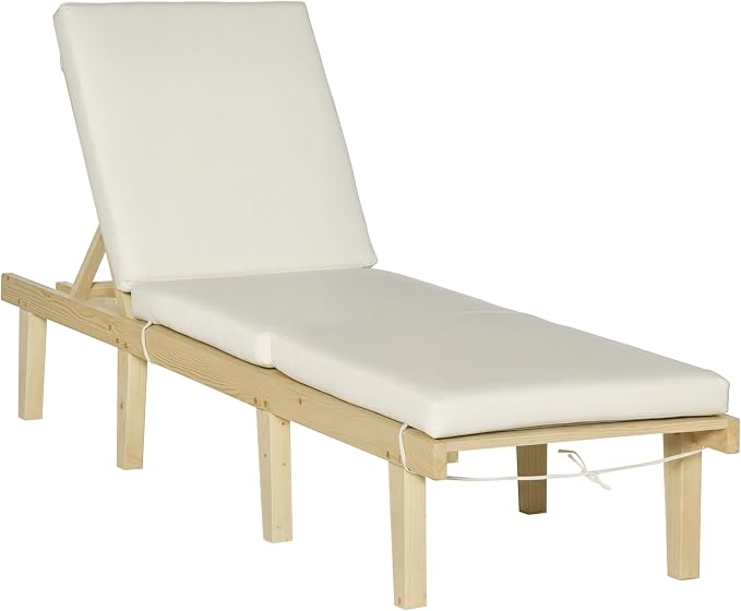 Outsunny Chaise Lounge Chair for Outdoor, Wood Outdoor Chaise Lounge with 4-Position Adjustable Backrest and Cushion, Reclining Beach Lounge Chair for Deck, Pool, Lawn and Sunbathing, Natural