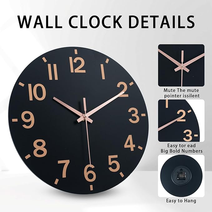 HZDHCLH Wall Clock 12 Inch Silent Non Ticking Wood Battery Operated Black