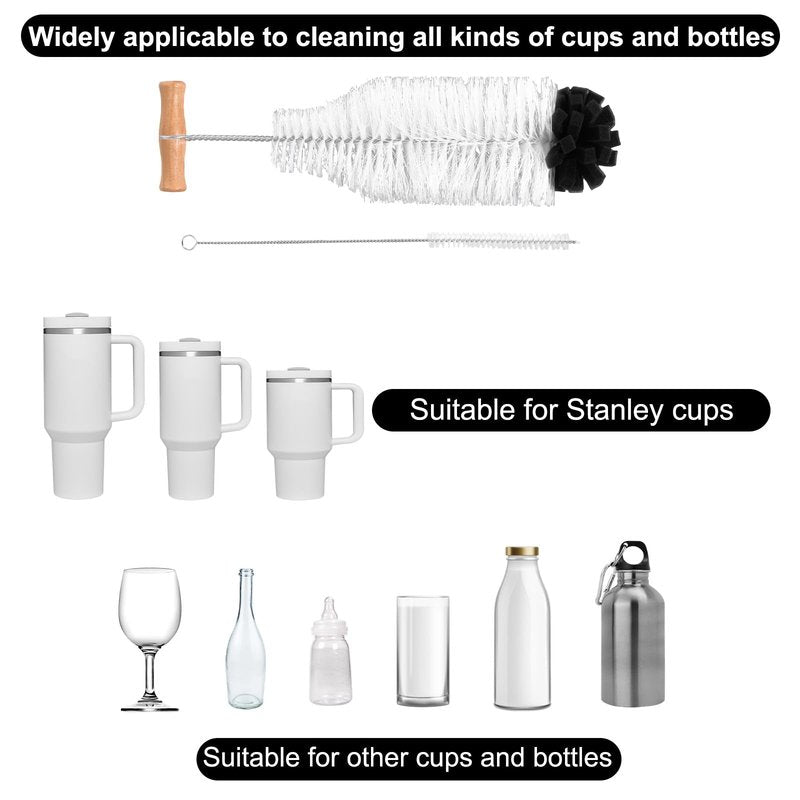 2pcs Water Bottle Cleaning Brush Set, Long Wooden Handle Brush with Straw Cleaner Water Bottle Cleaning Kit for Stanley Cup Tumblers Travel Mugs & Other Bottles