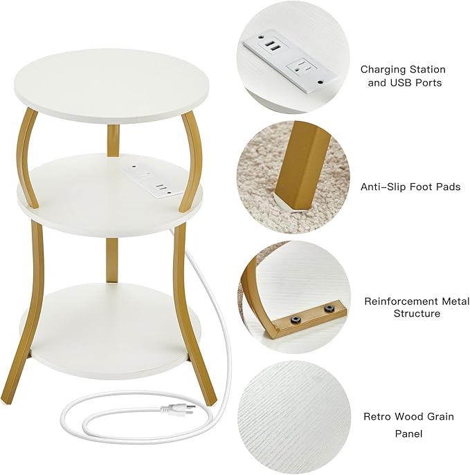 Small Round Side Table with Charging Station, 3-Tier Waist Circular End Table with Storage Shelf, Compact Tea Sofa Side Table Small Spaces, Round Corner Coffee Table for Living Room Bedroon,White+Gold