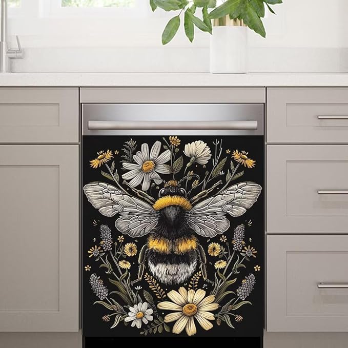Flower and Bee Pattern Dishwasher Magnet Cover Sticekr,Refrigerator Magnet Cover Decal Fridge Microwave Stickers Kitchen Decor,23W x 17H inchs