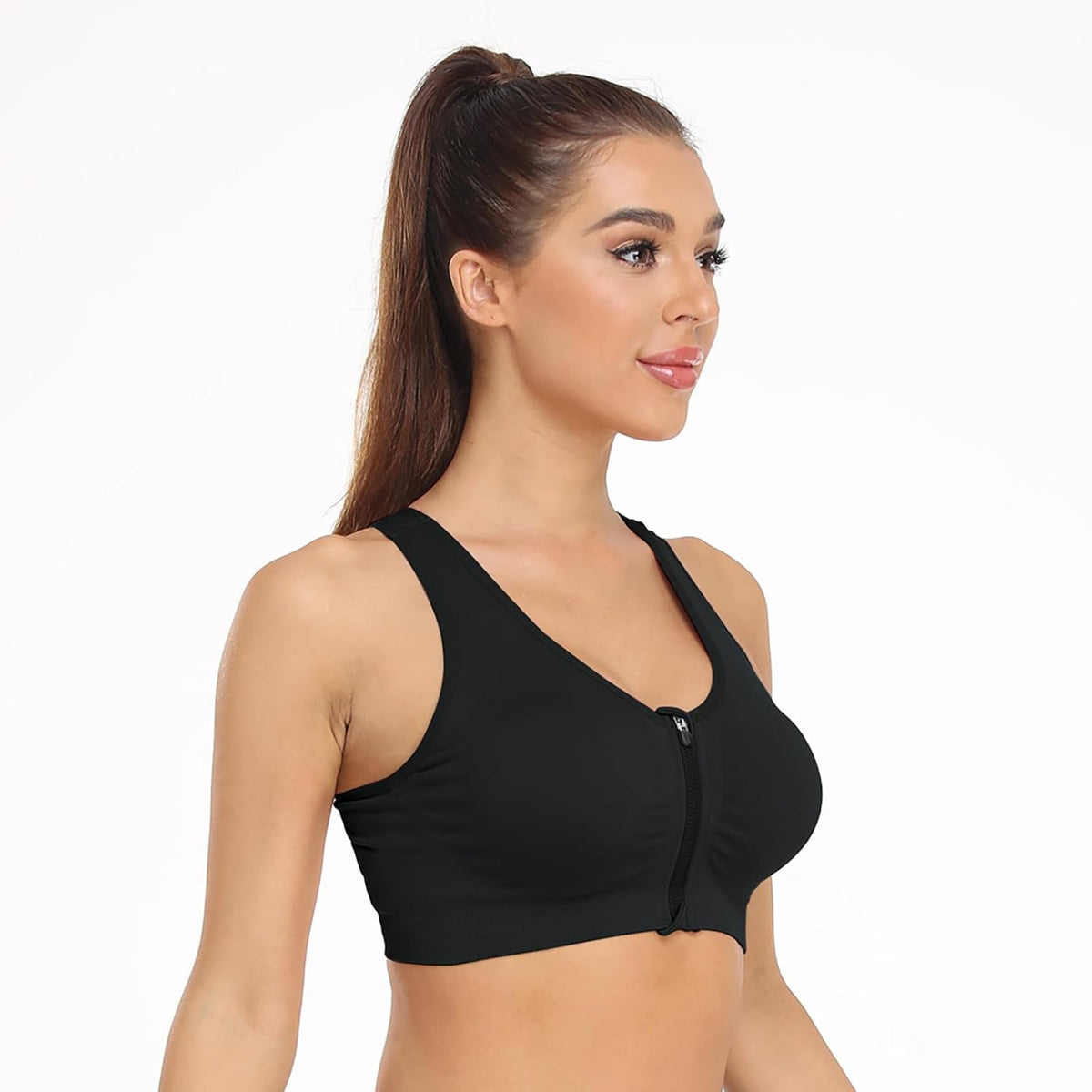 Skiennix Women's Zip Front Sports Bra - Wireless Post-Surgery Comfort for Active Yoga | Black