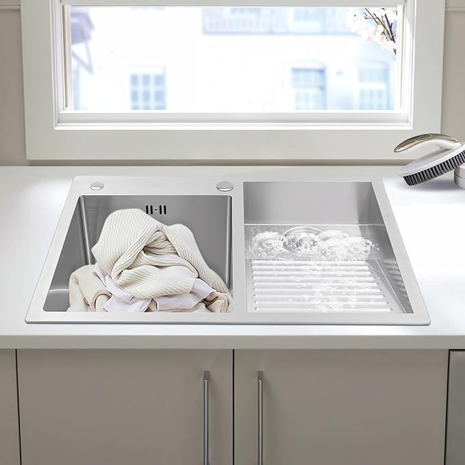 Laundry Sink,Household Stainless Steel Laundry Sink with Washboard,Multi-Mount,Quiet,Cleaning Machine for Laundry Rooms,Kitchens,Balconies
