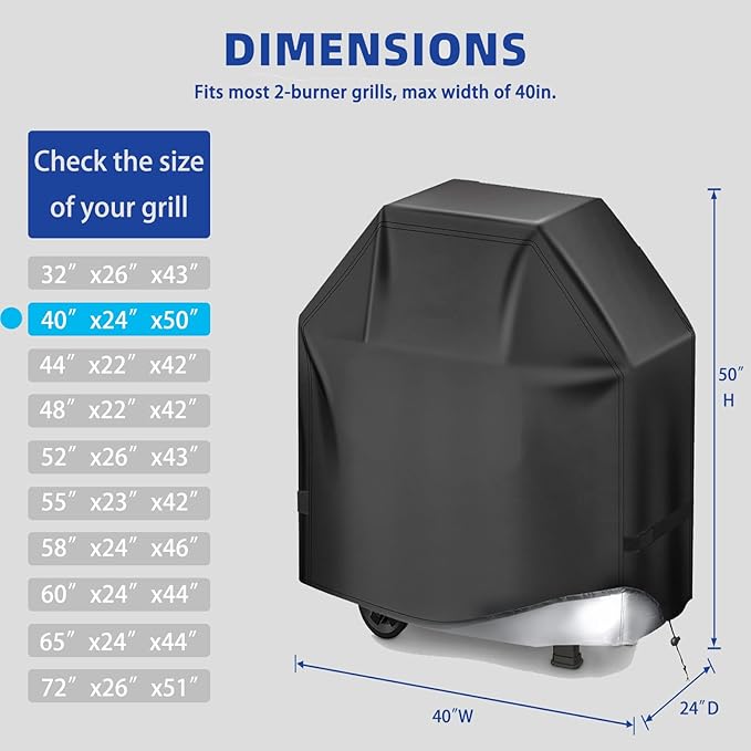 BBQ Gas Grill Cover for Outdoor, Anti-UV, Rip-Proof, 600D Oxford Fade Resistant Material, Barbecue Cover with Hook and Loop Straps & Adjustable Hem Drawstring (Black, 40”x24”x50”)