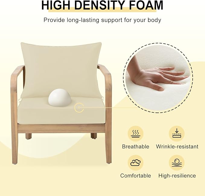 downluxe Outdoor Chair Cushions 24x24 with Removable Cover, Waterproof Patio Furniture Cushions, Deep Seat Cushions for Outdoor Furniture with Backrest for Sofa, Couch and Patio Chairs, Beige