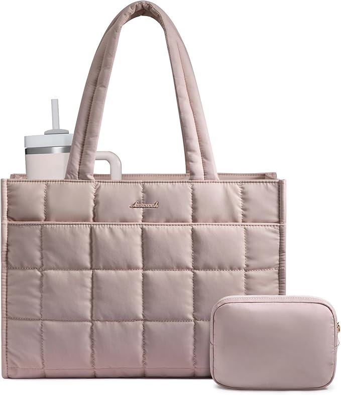 LOVEVOOK Tote Bag for Women, Puffer Work Handbag 17 Inch Laptop Purse for Nurse Teacher, Large Quilted Travel Tote Shoulder Bag with Zipper for College Office Clinical Gym