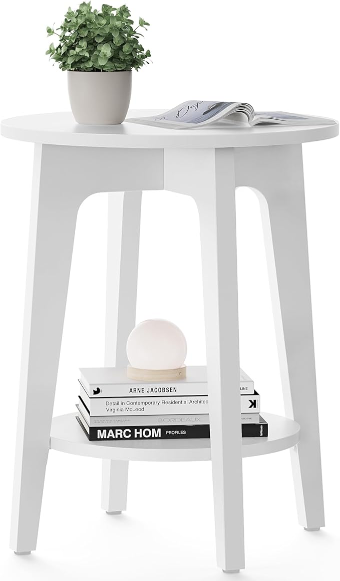 VASAGLE MAEZO Collection - Side Table, 2-Tier Small Round End Table, Nightstand with Tapered Legs, Curved Transitions, for Small Spaces, Living Room, Bedroom, Cloud White ULET283T14 | Lower Shelf, Small Spaces, Living Room, Bedroom