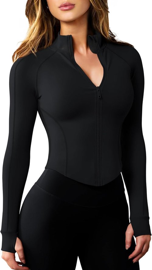 AVGO Women's Lightweight Zip-Up Workout Jacket - Slim Fit Cropped Yoga Top with Thumb Holes