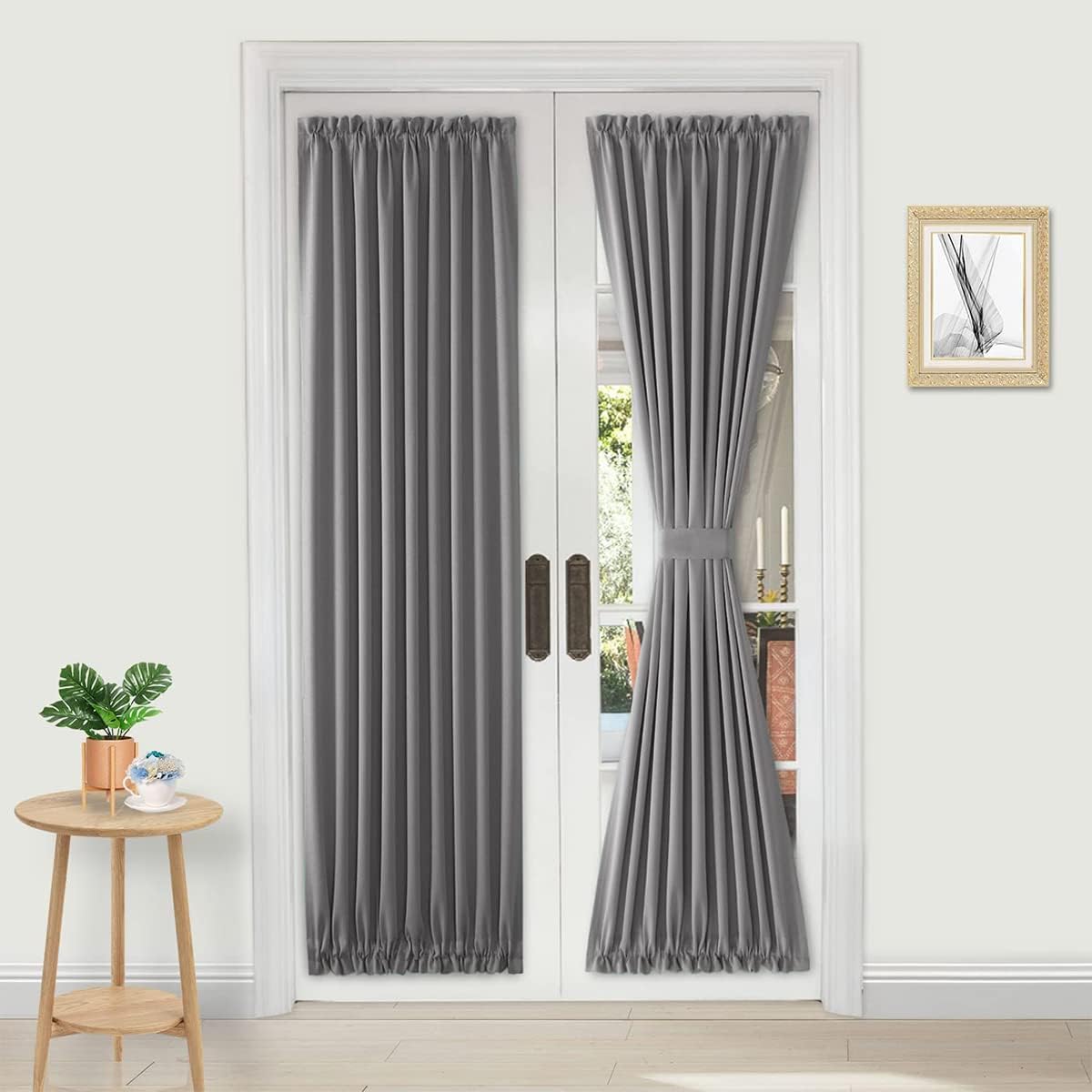 DWCN French Door Curtains – Rod Pocket Thermal Blackout Curtain for Doors with Glass Window, Kitchen and Patio Doors for Privacy, 36 X 72 Inches Long, 1 Curtain Panel with Tieback,Grey