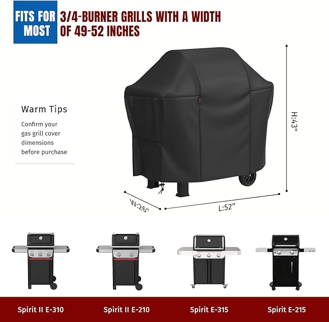 SHINESTAR 52 Inch Grill Cover for 49-52" Most 3-4 Burner Gas Grills, Heavy Duty Oxford Fabric BBQ Cover Waterproof UV Protection, Windproof with Magic Tape & Drawstring Bottom