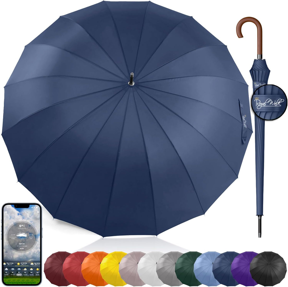 Royal Walk Large Windproof Umbrella for 2 - Navy Blue, 54 Inch, Auto Open, Wooden Handle, 16 Ribs