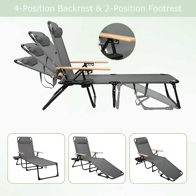 Foldable Chaise Lounge Chair Outdoor, Tanning Chair with 4-Position Reclining Back, Folding Sun Lounger, Outdoor Lounge Chair for Beach, Poolside, Backyard, Camping, UPF 50+, 300 LBS