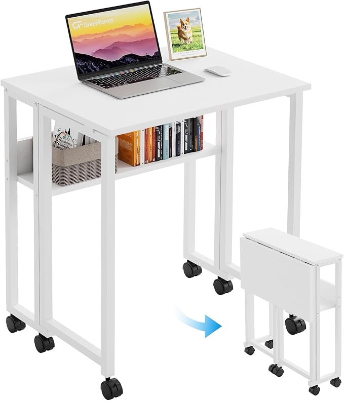 GreenForest Folding Desk with Wheels and Storage Shelf, 24.8 Inch Compact Portable Rolling Desk for Small Spaces, Mobile Foldable Computer Table, Easy Assembly, Pure White