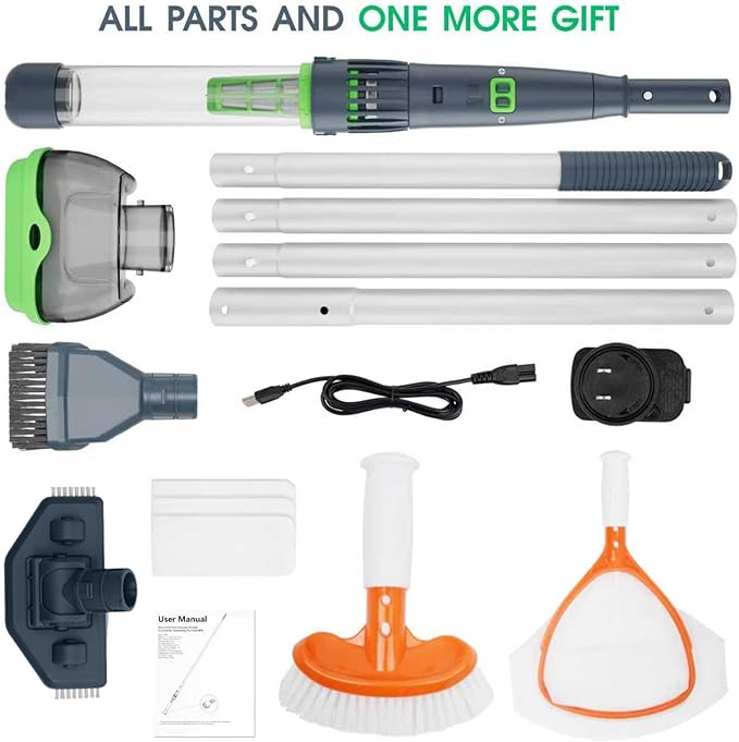 All in ONE Rechargeable Pool & Spa Vacuum 90 Mins Working for Hot Tub, Small Above Ground&Inground Pool, Magnetic Drive Tech, Spa Skimmer Net, Brush,25µm Ultra Fine Mesh Filter