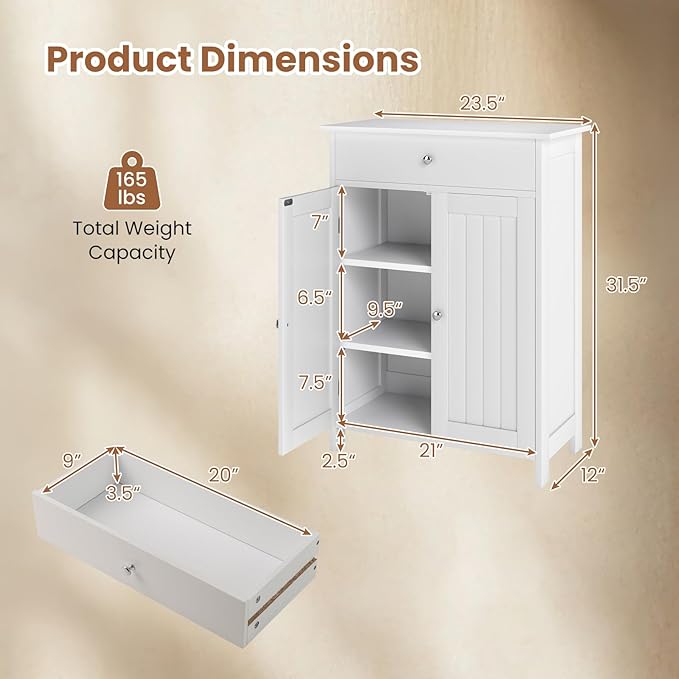 Giantex Storage Cabinet, White Bathroom Cabinet with 2 Doors, 1 Drawer, 3-Level Adjustable Shelf, Modern Wooden Storage Organizer for Laundry Room, Entryway, Living Room