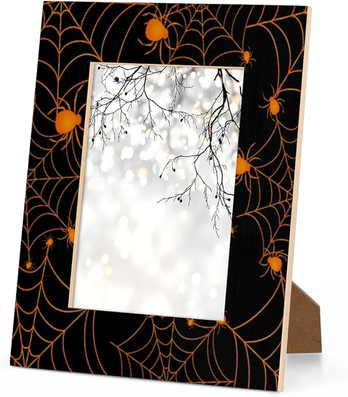 Tavisto Halloween Themed 4x6 Picture Frame Spooky Spider Web Wooden Photo Frames for Tabletop Display Wall Mounting Fits 4x6 Pictures Home Office Decor