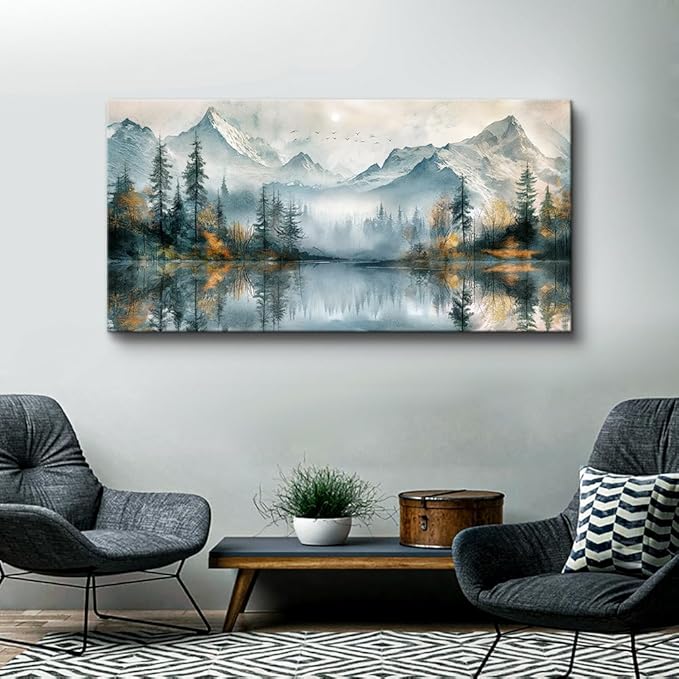 MHARTK66 Canvas Wall Art For Bedroom Framed Decorations For Living Room Modern Office Wall Decor Lake View Painting Forest Tree Landscape Wall Pictures Canvas Artworks Ready To Hang Home Decor