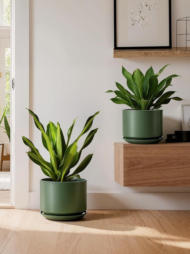 LE TAUCI Ceramic Pots for Plants, Set of 2, 10 + 12 Inch Plant Pot with Drainage Hole and Saucer, Durable & Stylish Planters for Indoor Plants, Elevate Your Home’s Aesthetic, Forest Green