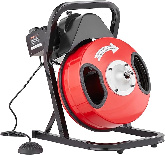 VEVOR Drain Cleaner Machine 50FT x 1/2 Inch, Manual Feed Sewer Snake Auger - with 4 Cutters & Air-activated Foot Switch for 2" to 4" Pipes