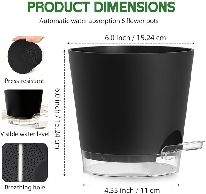 Self Watering Pots for Plants, 2026 New Flower Plant Pots with Drainage Holes, Wicking and Clear Reservoirs for Succulent, Aloe, Cacti and Others - 6 Pack (Black, 6")