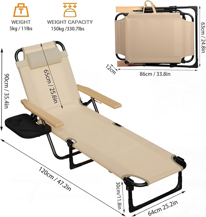 Foldable Chaise Lounge Chair Outdoor, 4-Position Reclining Outdoor Lounge Chairs with Wooden Armrest, Folding Sun Lounger with Removable Pillow for Garden Beach Patio Camp (Gray)