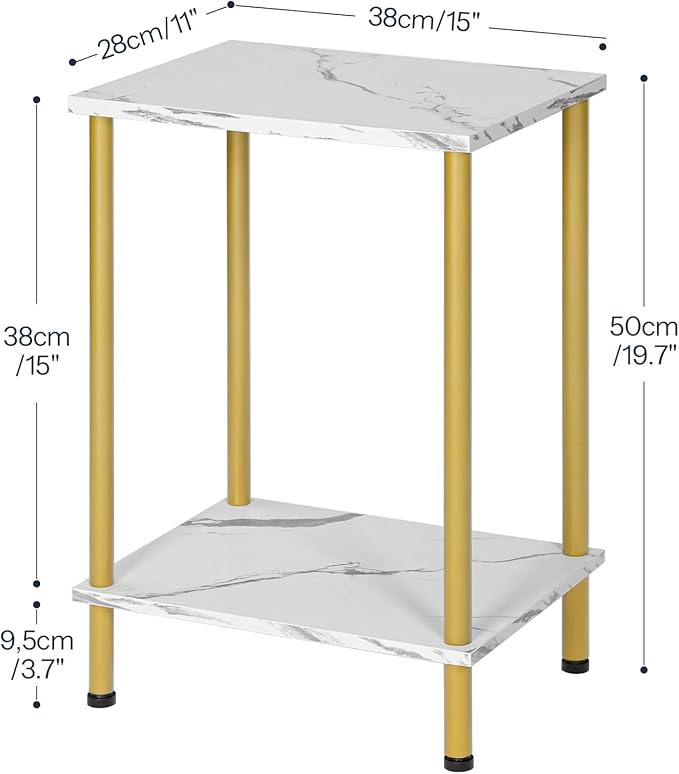 HOOBRO End Table, Small Side Table, Nightstand with 2-Layer Storage Shelves, Sofa Table for Small Spaces, Living Room, Bedroom, Stable Frame, Easy Assembly, Gold and Marble DM09BZ01