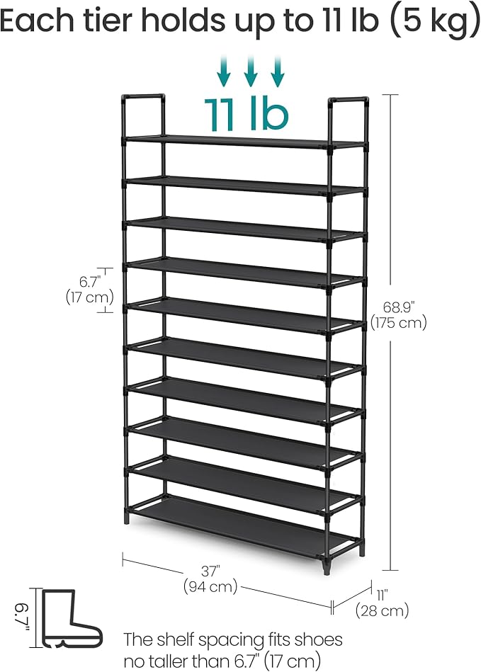 SONGMICS Shoe Rack, 10-Tier Shoe Shelf, Shoe Storage Organizer, 11 x 37 x 68.9 Inches, Metal Frame, Non-Woven Fabric Shelves, for Entryway, Bedroom, Black ULSH11H