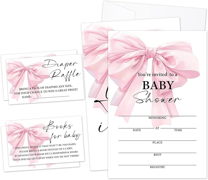 Pink Bow Baby Shower Invitations, Fill-in Invites For Gender Reveal Baby Announcement, Party Favor & Accessories(25 Invitations With Envelopes, 25 Dipaer Raffle Tickets & 25 Book Request Cards)-12