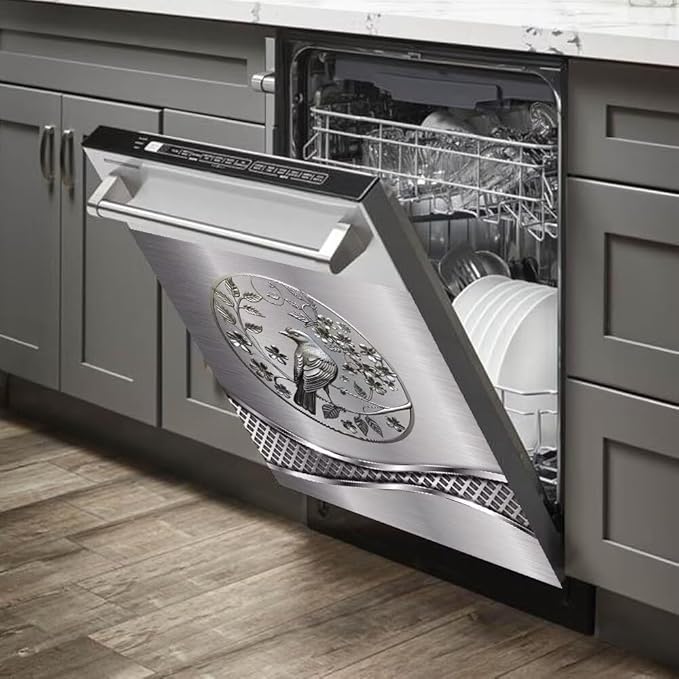 Stainless Steel Design Bird Wallpaper Dishwasher Magnet Cover Sticker,Refrigerator Magnet Cover Decal Fridge Microwave Stickers Kitchen Decor,23 x 17 Inch