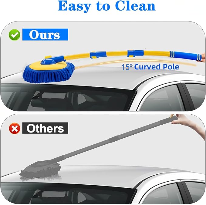 Upgrade Car Wash Brush with Long Handle,Chenille Microfiber Car Cleaning Brush Supplies Kit Car Wash Mop Accessories Car Washing Brush with Scratch-Free Replacement Head(Blue