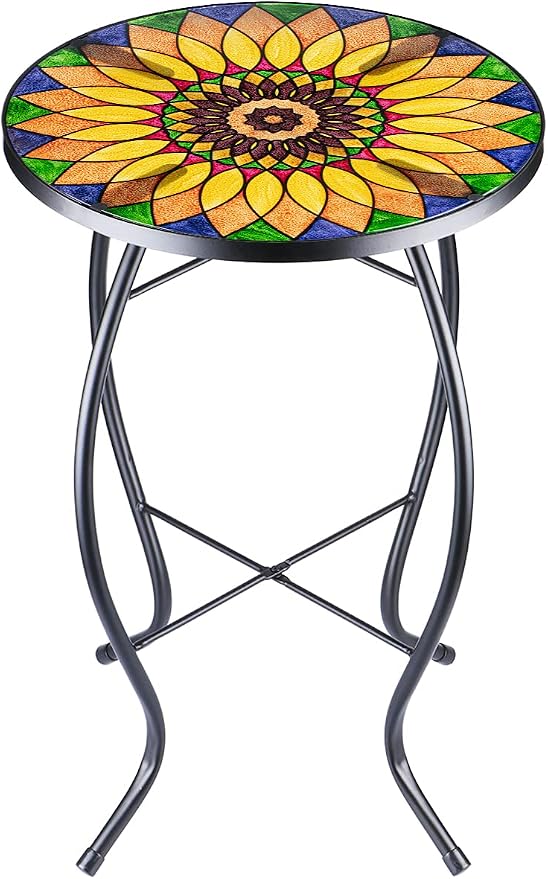 VCUTEKA Sunflower Outdoor Side Table, Mosaic Design, Small Glass Top, Round, Patio Side Table, Balcony Coffee Table, Indoor, 14 inches, Yellow
