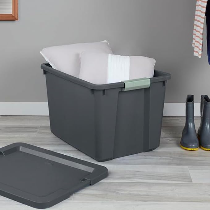 Sterilite 18 Pack 20 Gallon Latch Tote, Stackable Plastic Storage Bin Container, Gray/Green