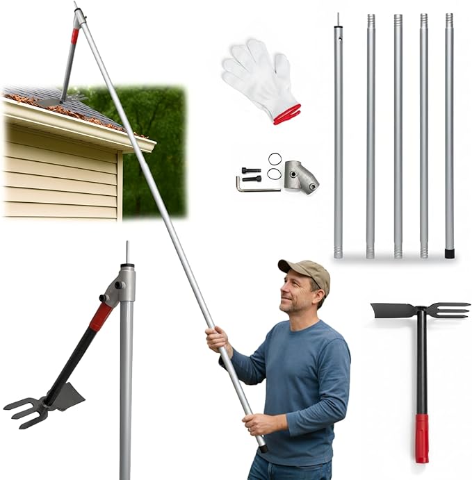 Heavy Duty Gutter Cleaning Tool, 10 Ft Leaf Gutter Cleaning Kit with Extension Pole Multifunctional Rake, Roof and Garden Debris Removal from Ground