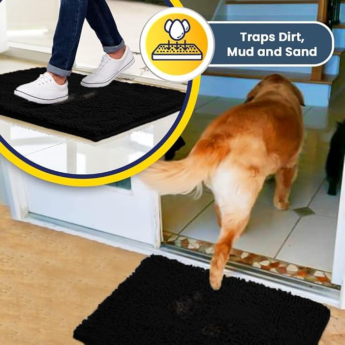 Muddy Mat® | Super Water Absorbent Door Mat Indoor, Microfiber Quick Dry Chenille Entryway Rug, Slip Resistant Front Door Mat, Indoor Mats for Entryway, Machine Washable Pet Rug, Black 28" x 48"