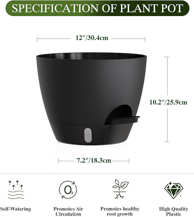 Plant Pots, 1 Pack 12 Inch Self Watering Pots with Drainage Holes, Water Level Indicator Deep Reservoir, Large Planters for Indoor Outdoor Plants - Black