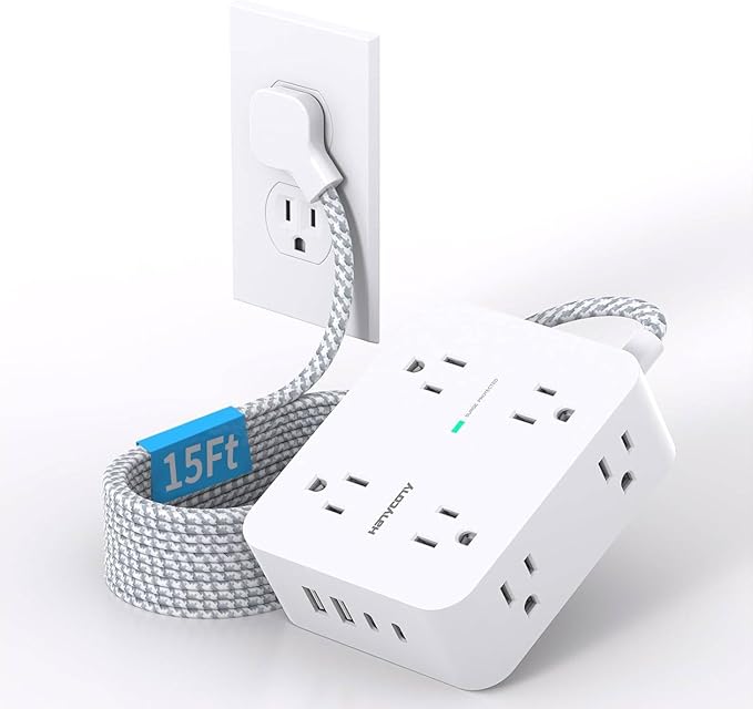 Extension Cord 15 Ft, HANYCONY 1080J Surge Protector Power Strip Long Cord with 8 AC Outlets and 4 USB Ports (2 USB-C), Wall Mount, Desk Charging Station for Home Office College Dorm Room Essentials