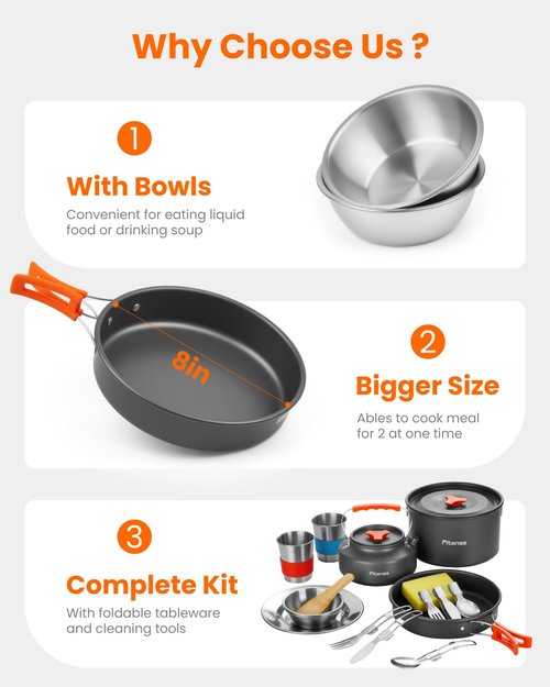 Fitense 22Pcs Camping Cookware Mess Kit for 2, Lightweight Camping Kitchen Pots and Pans Set, Portable Camping Essentials for Backpacking, Camping Cooking Hiking and Picnic