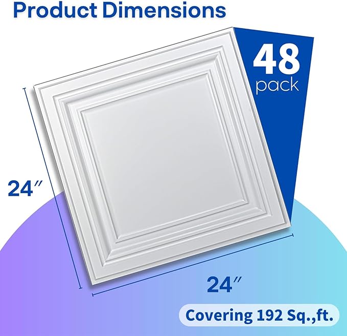 Art3d 48-Pack PVC Drop Ceiling Tiles, 2ft x 2ft, Crisp White Finish