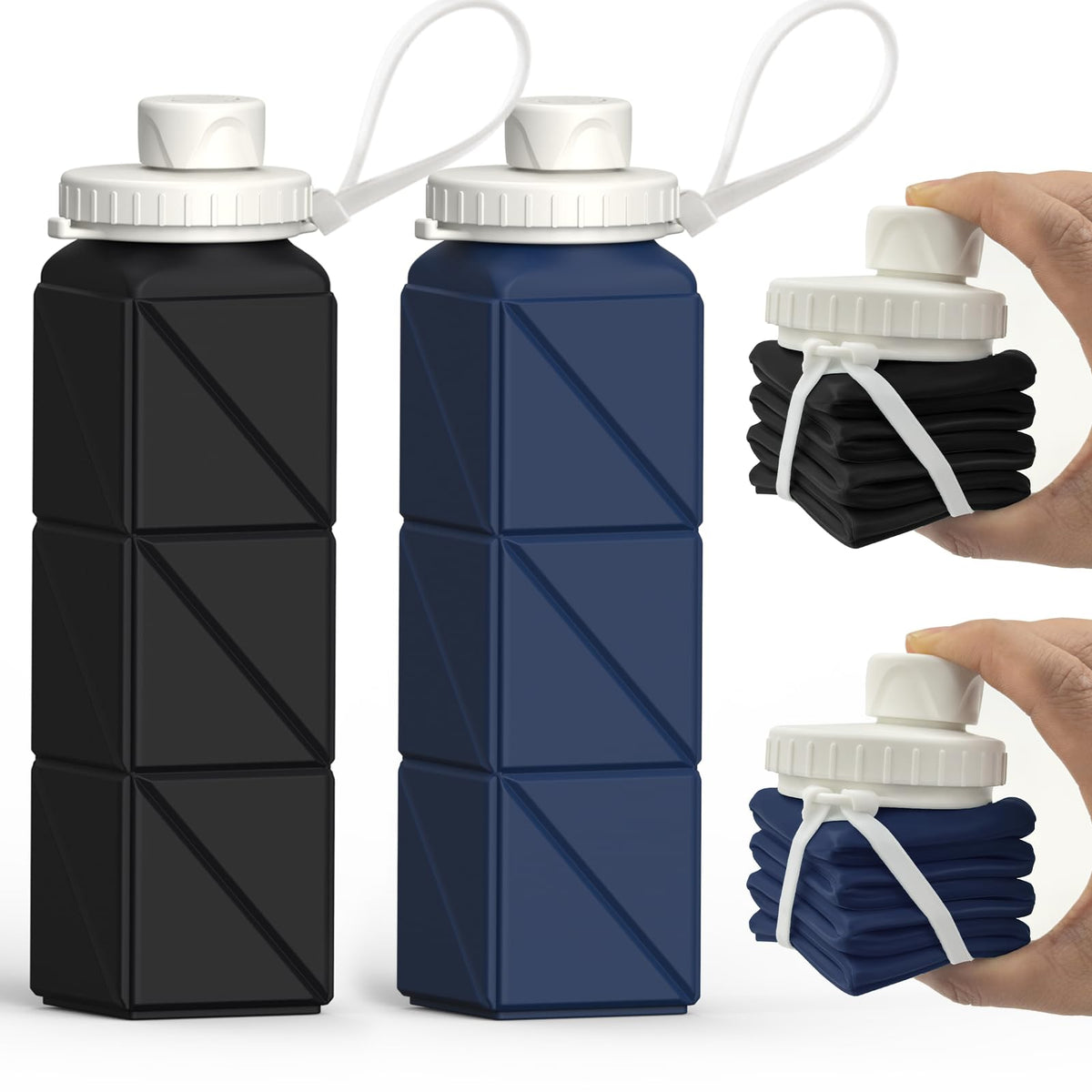 BEAUTAIL Collapsible Water Bottles 20.6oz, Silicone Foldable Portable Travel Water Bottle, BPA-Free, Leakproof Reusable for Traveling Camping Hiking Sports Outdoor, 2 Pack (Black+Dark Blue)
