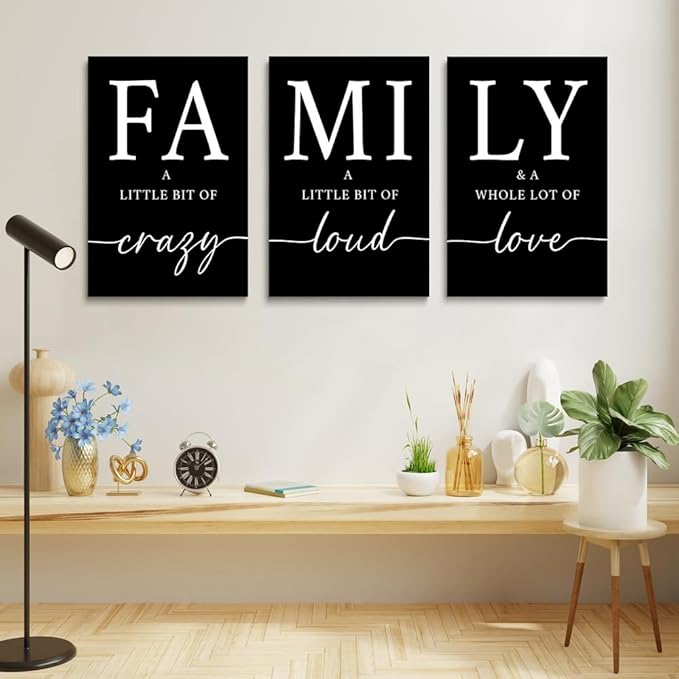 GUBIYU Black Home Dining Room Wall Art Set of 3 Family Sign Prints Canvas