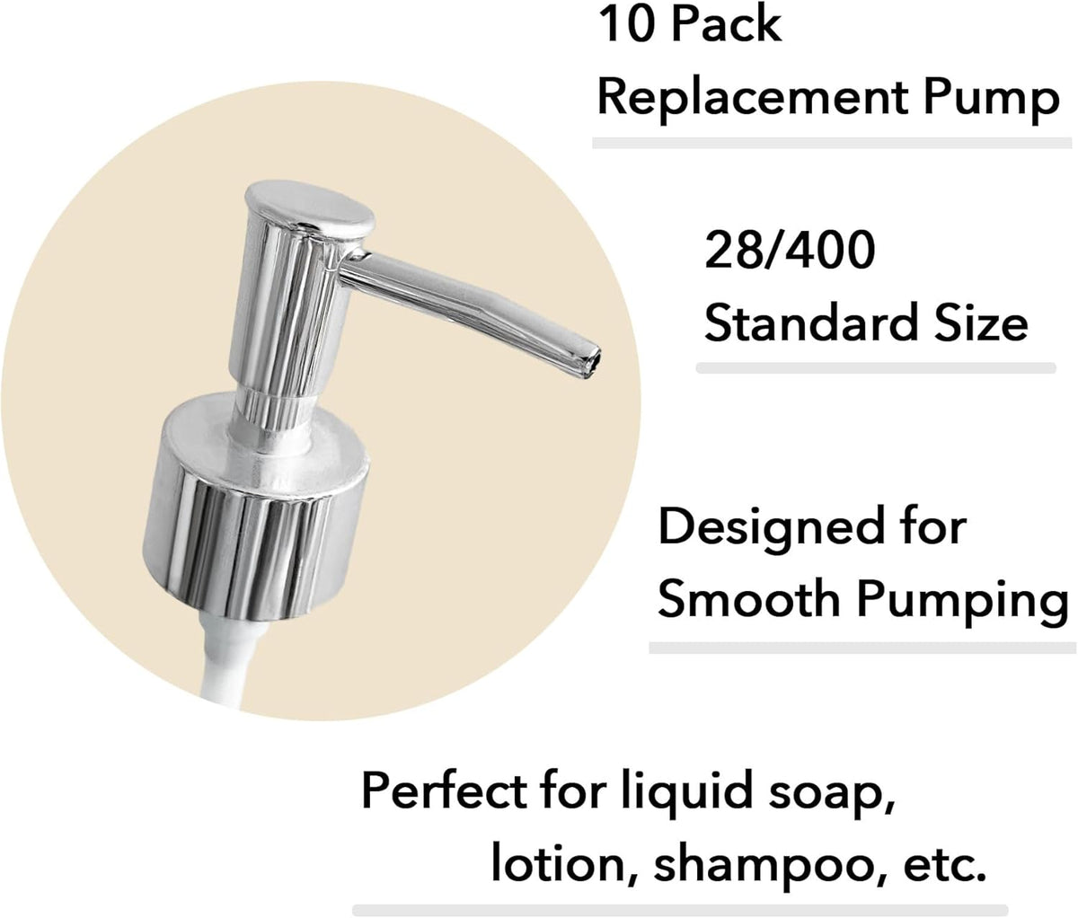 Soap Dispenser Pump Head Replacement 10 Pack, 28/400 Threads Standard Size, for Bathroom and Kitchen (Clear Silver)
