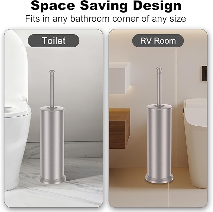 Stain Nickel Toilet Brush and Holder，Extra Long Handled Toilet Brush for Bathroom，Stainless Steel Heavy Duty Toilet Bowl Brush,Removable Inner Bowl,Deep Cleaning Dense Bristles Brush -Space Saving