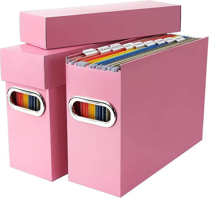 File Organizer Box with Lid & Handle, Thickened Cardboard Hanging File Folder Storage Boxes for Letter Size, Portable Filing Organizer for Office, Home, Classroom, Pink 2 Pack