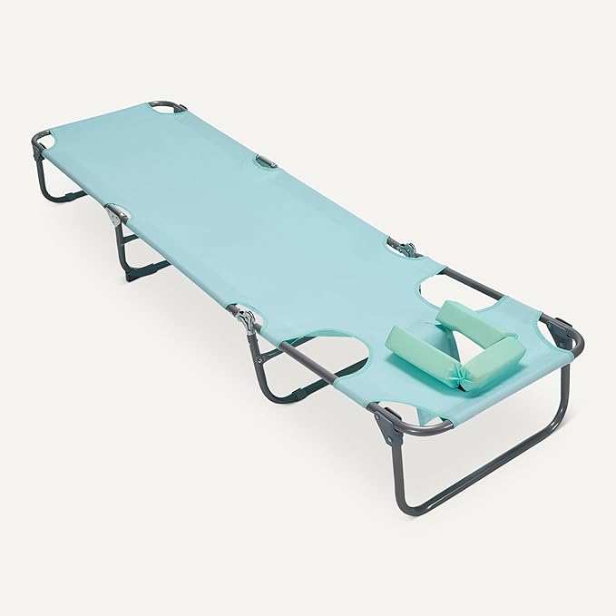 Amazon Basics Outdoor Lounge Tanning Chair, Foldable Chaise with Multi-Angle Backrest, Quick-Drying Polyester, Portable with Carry Strap, Blue, 1-Pack