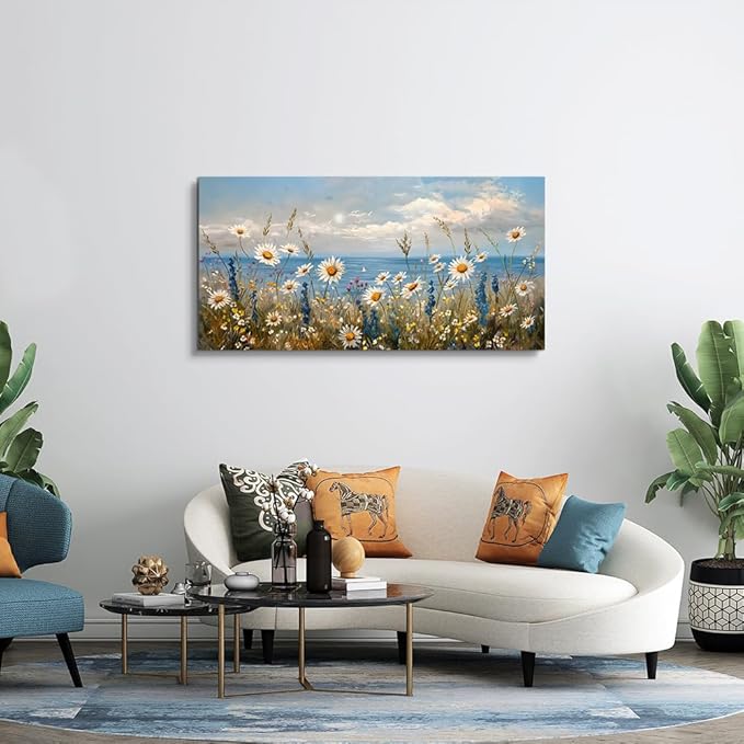Wapluam Blue Ocean Canvas Wall Art for Living Room Wall Decor For Bedroom Bathroom Decoration Abstract Natural Seascape Painting Modern Office Wildflowers Artwork Pictures Home Decor Ready To Hang