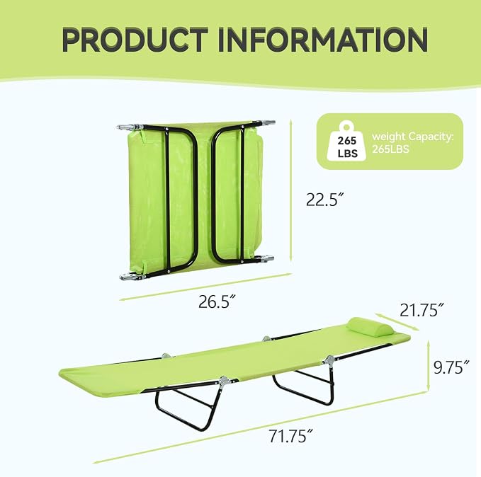 Outdoor Chaise Lounge with Detachable Pillow, Reclining Folding Chair with 5-Position Adjustable Back, Portable Tanning Chair For Beach, Pool, Lawn, Breathable Mesh Seat, No Assembly (Green 2)