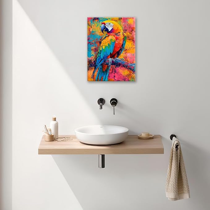 Parrot Wall Art, Graffiti Parrot Pictures Wall Decor, Colorful Birds Canvas Prints, Banksy Animal Painting, Framed Artwork for Bathroom Living Room Bedroom Office Dining Room 24"X20"